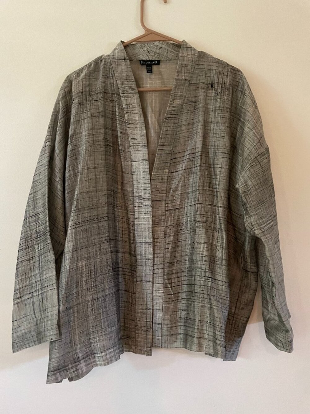 Eileen Fisher Grey Black Silk Open Jacket Print silk L
